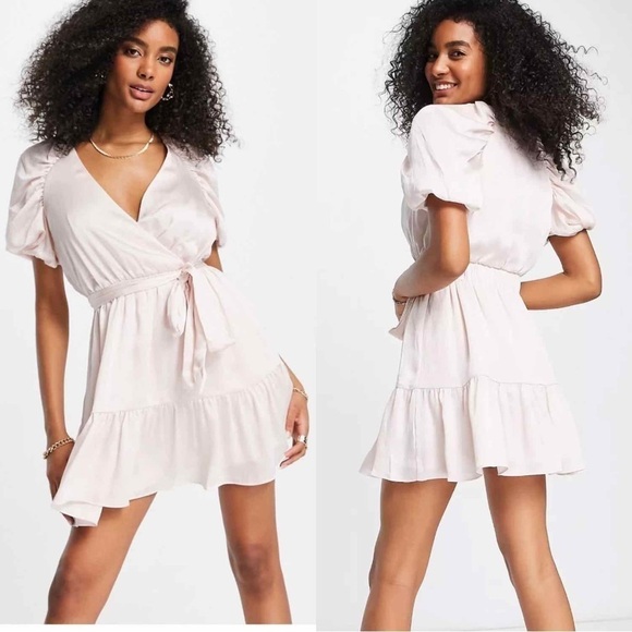 Ted Baker Loueese Puff Sleeve Faux Wrap Mini Dress Size 2 US 4-6 Light Pink - Picture 1 of 13